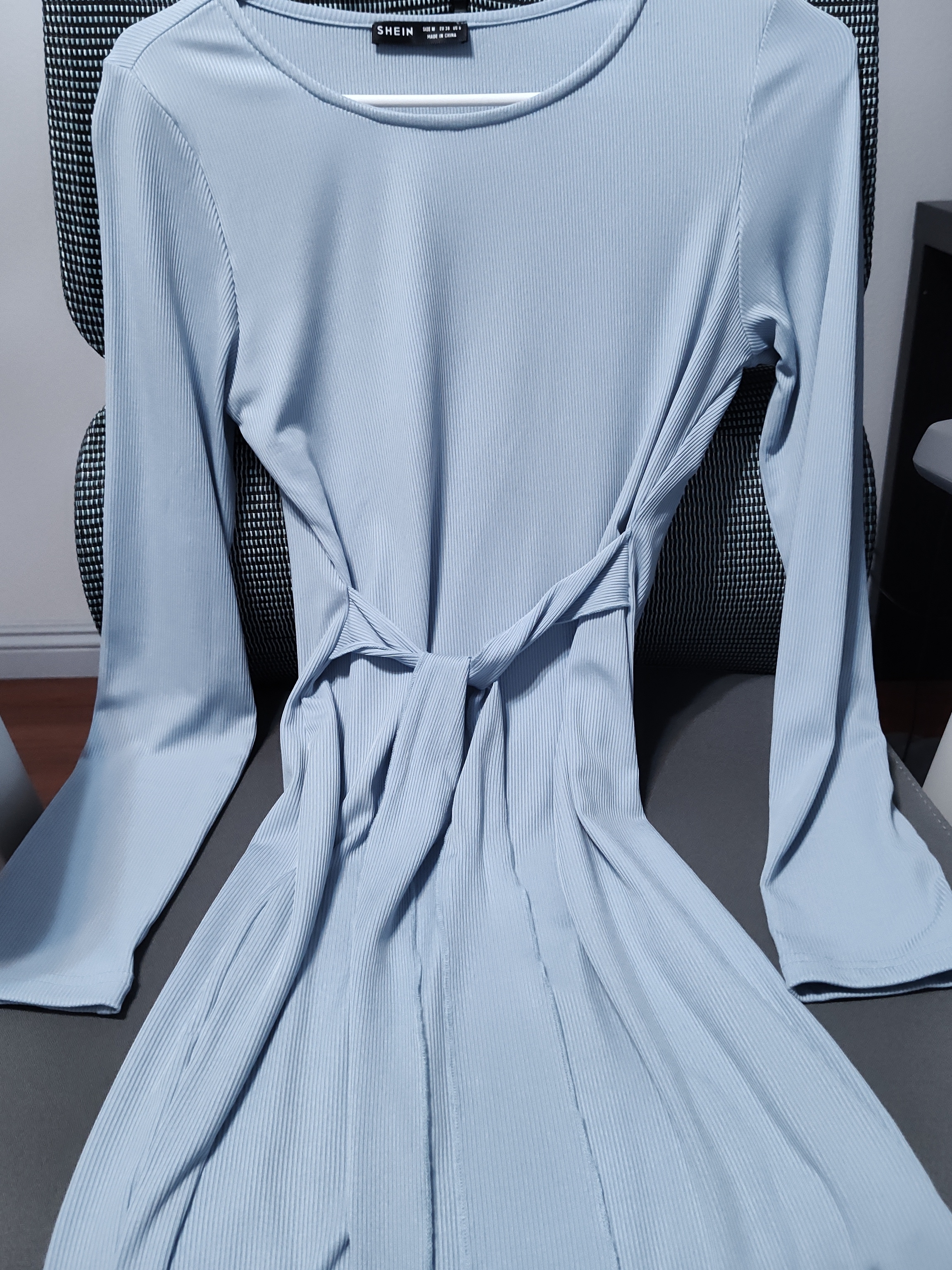 Shein Light Blue Ribbed Long Sleeve Tie-Waist Dress